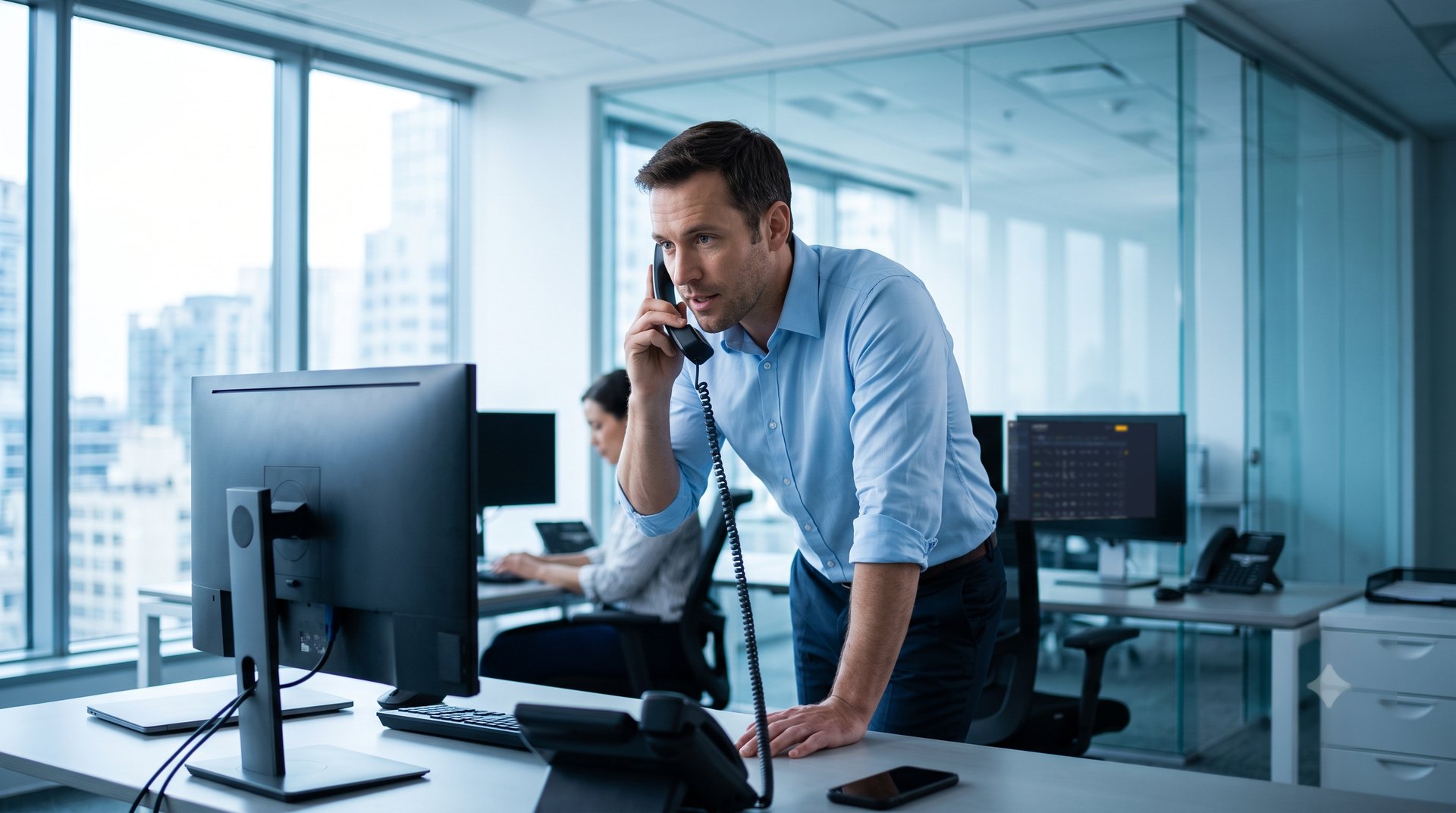 A freight broker negotiating a rate by phone in a Despacha Connect brokerage office