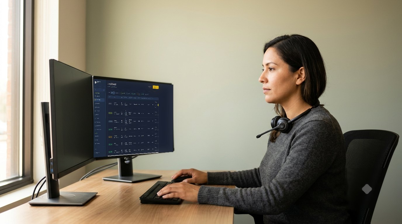 A dispatcher working the Despacha Fleet load board on a dual-monitor desk