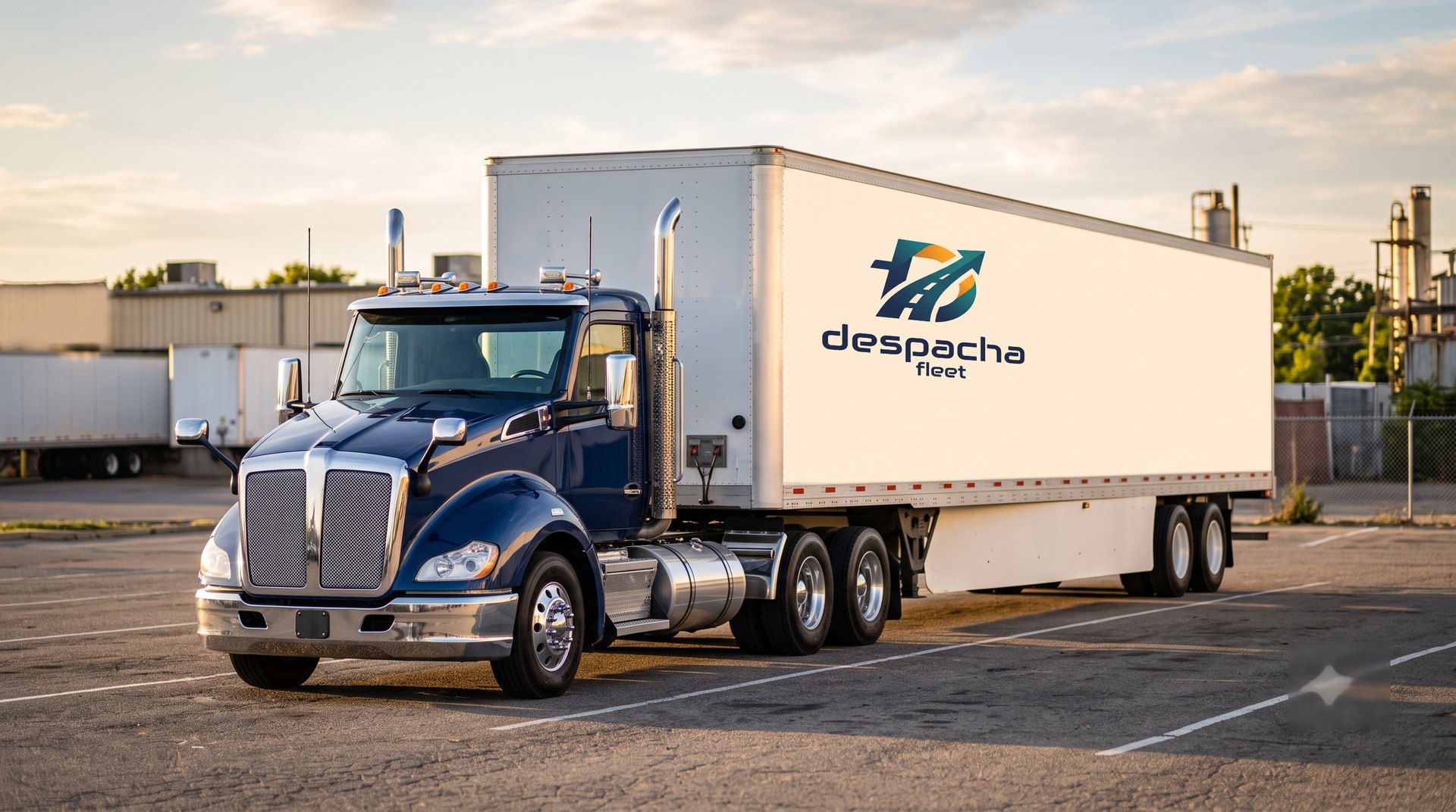 A Despacha Fleet tractor-trailer parked in a distribution yard at golden hour
